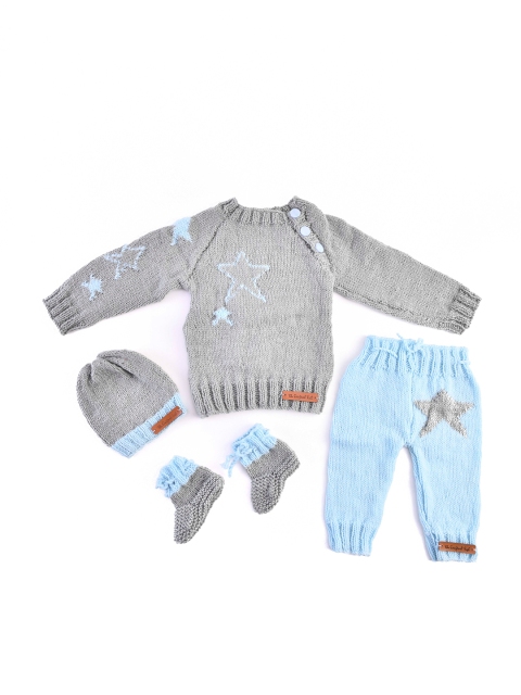 

The Original Knit Kids Blue & Grey Hand Knit Clothing Set With Booties & Beanie