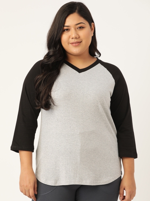 

SPIRIT ANIMAL Women Plus Size Off White & Black Pure Cotton V-Neck T-shirt