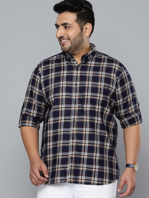 

DENNISON Men Navy Blue Smart Slim Fit Opaque Checked Plus Size Casual Shirt