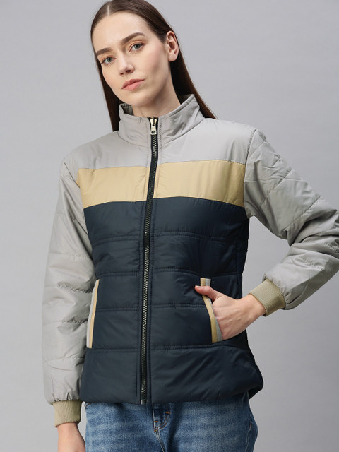 

VOXATI Women Navy Blue Grey Colourblocked Open Front Jacket