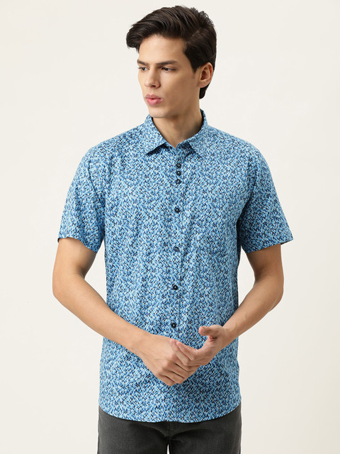 

COUPER & COLL Men Blue & Black Abstract Cotton Print Casual Shirt