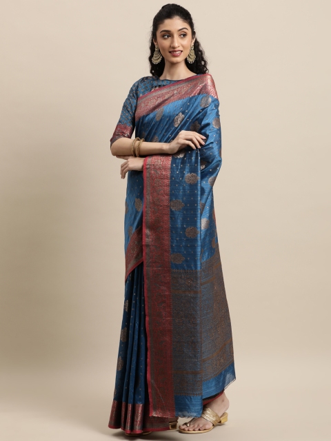 

Mitera Blue & Brown Jacquard Ethnic Motifs Zari Banarasi Saree