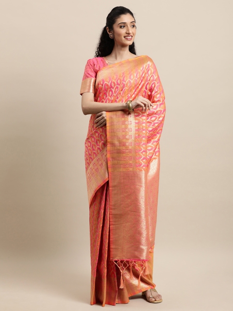 

Mitera Orange & Pink Ethnic Motifs Zari Banarasi Saree