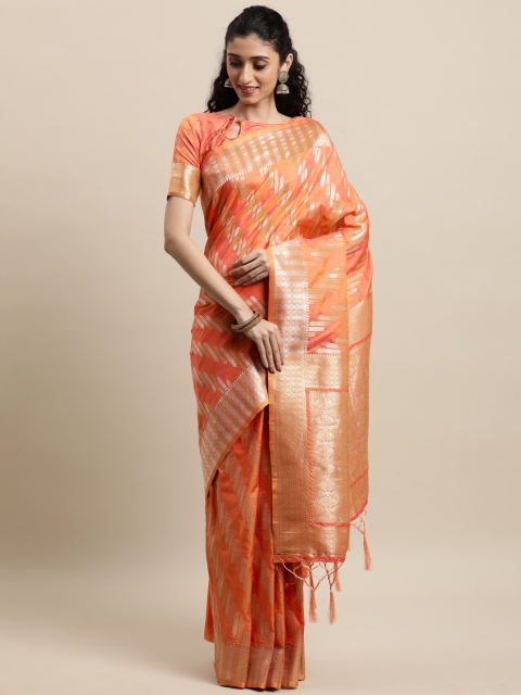 

Mitera Peach-Coloured & Gold-Toned Ethnic Motifs Zari Kanjeevaram Saree