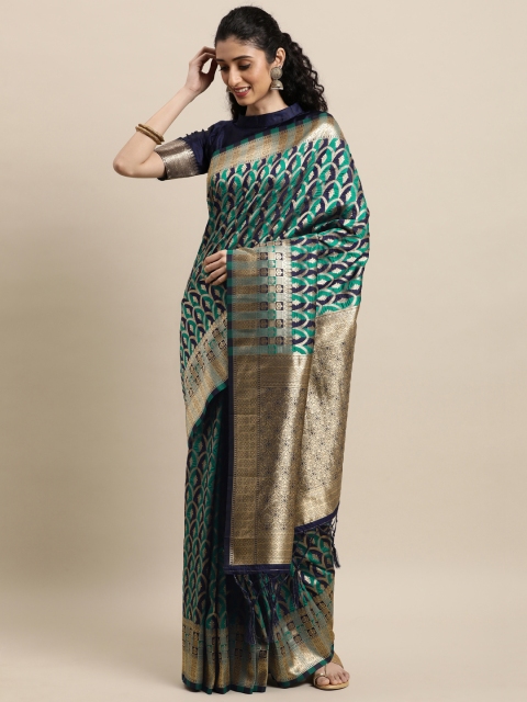 

Mitera Green & Navy Blue Floral Zardozi Banarasi Saree