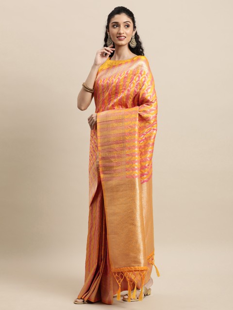 

Mitera Yellow & Pink Jacquard Striped Zari Banarasi Saree