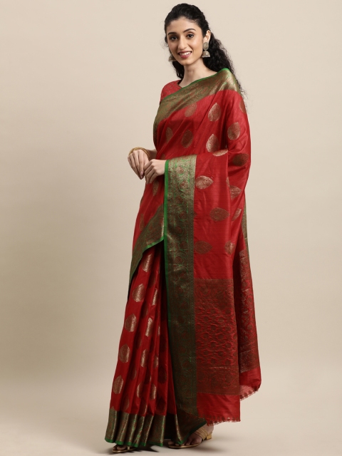 

Mitera Maroon & Green Jacquard Ethnic Motifs Zari Banarasi Saree