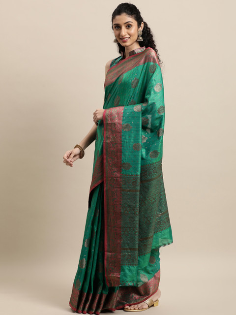 

Mitera Teal & Pink Floral Zardozi Banarasi Saree
