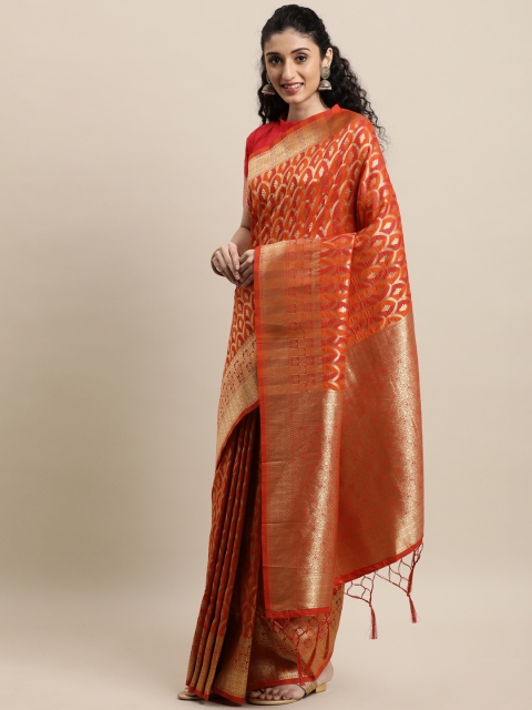 

Mitera Orange & Gold-Toned Jacquard Ethnic Motifs Zari Banarasi Saree