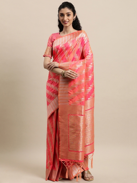 

Mitera Coral & Gold-Toned Ethnic Motifs Zari Kanjeevaram Saree