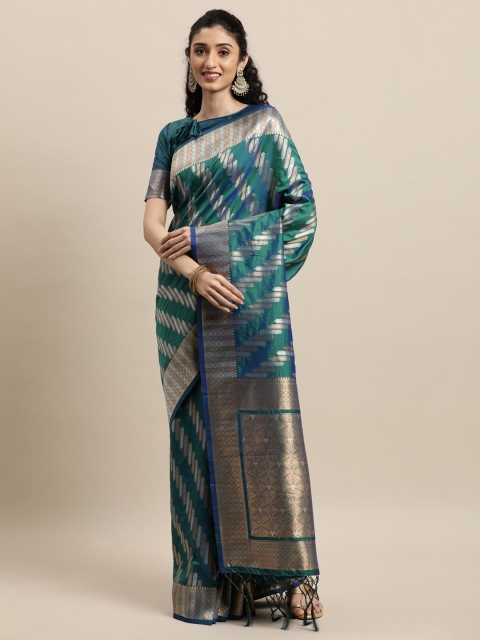 

Mitera Teal & Gold-Toned Ethnic Motifs Zari Kanjeevaram Saree