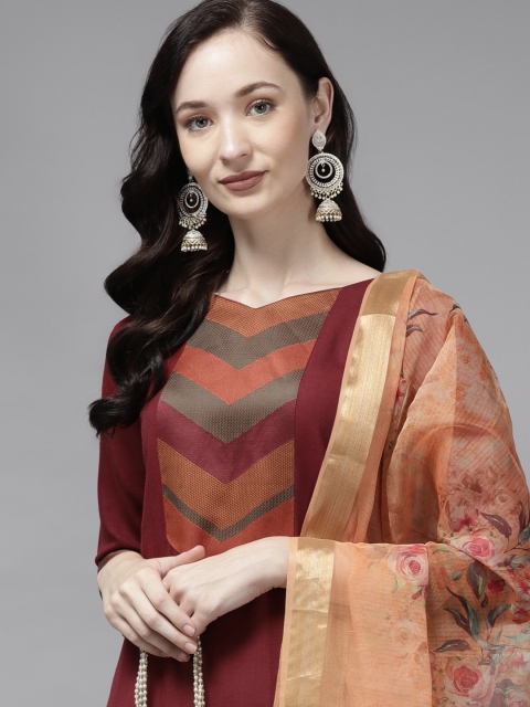 

Indo Era Maroon Yoke Design Straight Kurta & Palazzo With Dupatta