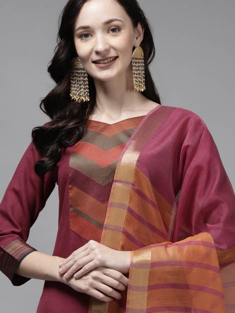 

Indo Era Women Maroon Yoke Design Regular Pure Cotton Kurta with Palazzos & Dupatta