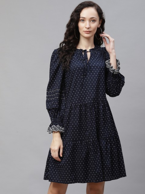 

Marks & Spencer Navy Blue Tie-Up Neck A-Line Dress