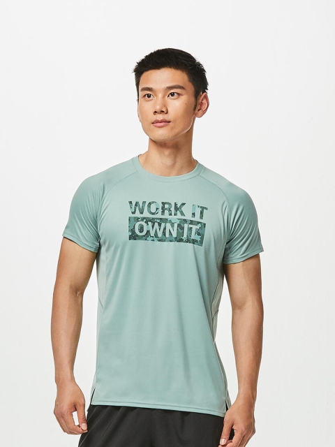 

Domyos By Decathlon Men Green Printed Moisture Wicking Training or Gym T-shirt