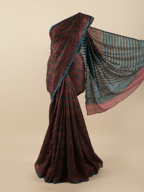 

Pothys Burgundy & Green Floral Beads and Stones Pure Silk Saree