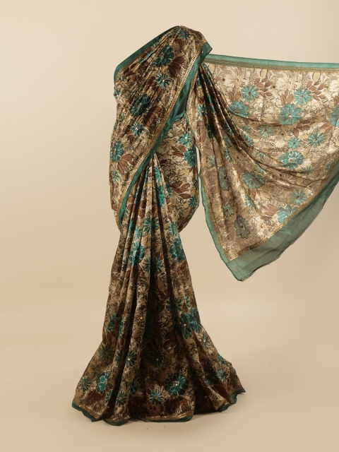 

Pothys Green & Beige Floral Beads and Stones Pure Silk Saree