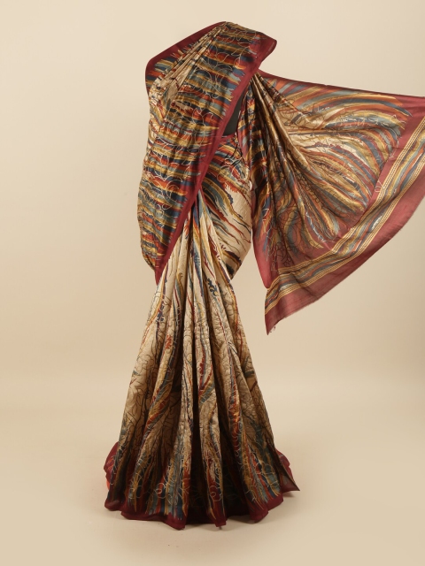 

Pothys Cream-Coloured & Maroon Floral Sequinned Pure Silk Saree