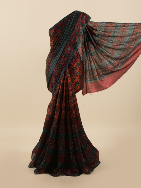 

Pothys Maroon & Turquoise Blue Ethnic Motifs Beads and Stones Pure Silk Saree