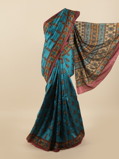 

Pothys Turquoise Blue & Red Ethnic Motifs Beads and Stones Pure Silk Saree