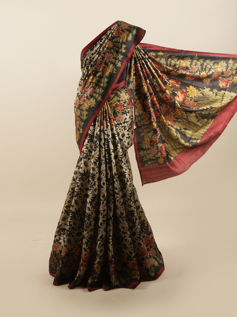 

Pothys Cream-Coloured & Black Floral Beads and Stones Pure Silk Saree