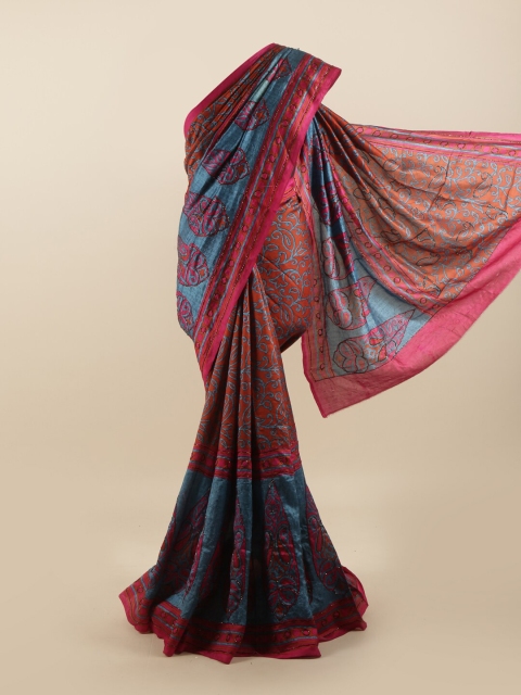 

Pothys Pink & Turquoise Blue Ethnic Motifs Beads and Stones Pure Silk Saree