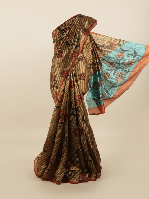 

Pothys Brown & Turquoise Blue Floral Beads and Stones Pure Silk Saree