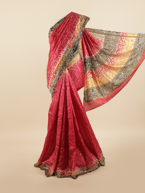 

Pothys Pink & Black Floral Beads and Stones Pure Silk Saree