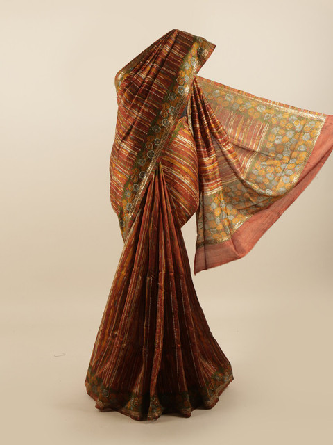 

Pothys Brown & Yellow Printed Sequinned Pure Silk Saree