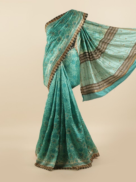 

Pothys Turquoise Blue & Gold Floral Beads and Stones Pure Silk Saree