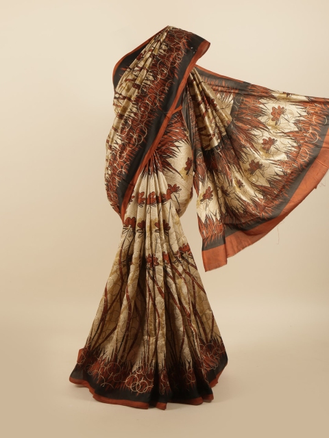 

Pothys Cream-Coloured & Maroon Floral Sequinned Pure Silk Saree