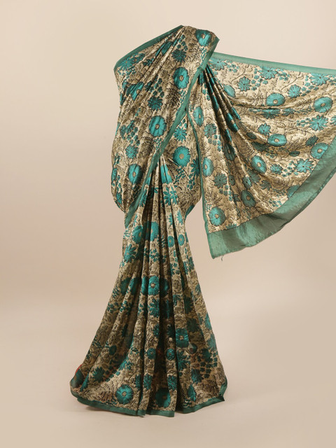 

Pothys Cream-Coloured & Green Floral Beads and Stones Pure Silk Saree