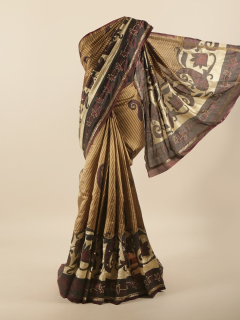 

Pothys Brown & Beige Ethnic Motifs Sequinned Pure Silk Saree