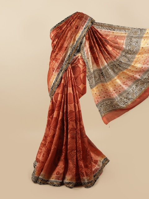 

Pothys Orange & White Ethnic Motifs Sequinned Pure Silk Saree