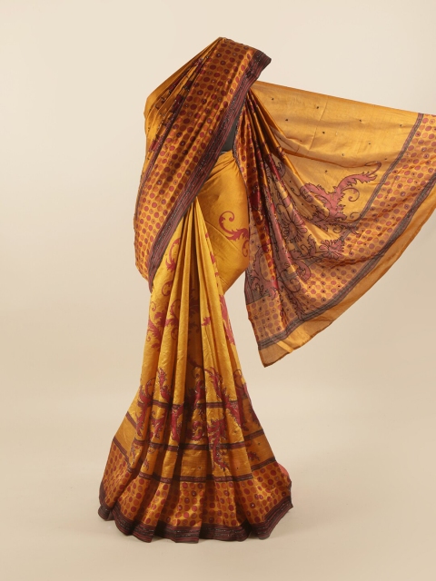

Pothys Mustard & Red Ethnic Motifs Beads and Stones Pure Silk Saree