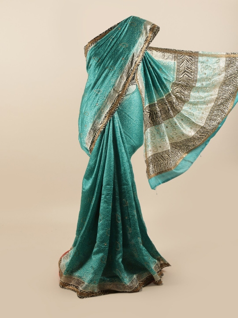 

Pothys Green & Gold Ethnic Motifs Sequinned Pure Silk Saree