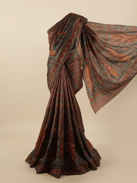 

Pothys Brown & Sea Green Ethnic Motifs Beads and Stones Pure Silk Saree