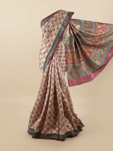 

Pothys Cream-Coloured & Pink Ethnic Motifs Sequinned Pure Silk Saree