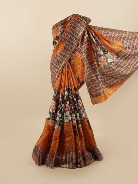 

Pothys Mustard & Black Floral Sequinned Pure Silk Saree