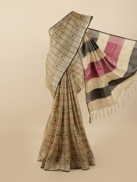 

Pothys Tan & Black Checked Linen Blend Saree