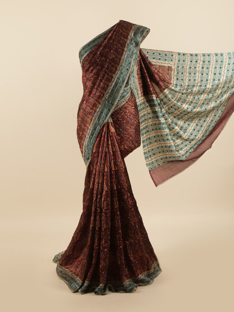 

Pothys Brown & Green Ethnic Motifs Beads and Stones Pure Silk Saree