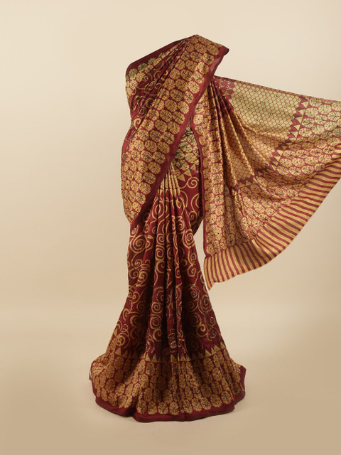 

Pothys Maroon & Mustard Ethnic Motifs Beads and Stones Pure Silk Saree