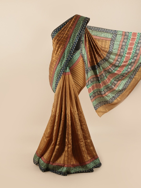 

Pothys Brown & Green Striped Beads and Stones Pure Silk Saree