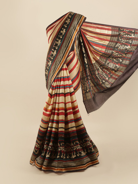 

Pothys Beige & Black Striped Beads and Stones Pure Silk Saree