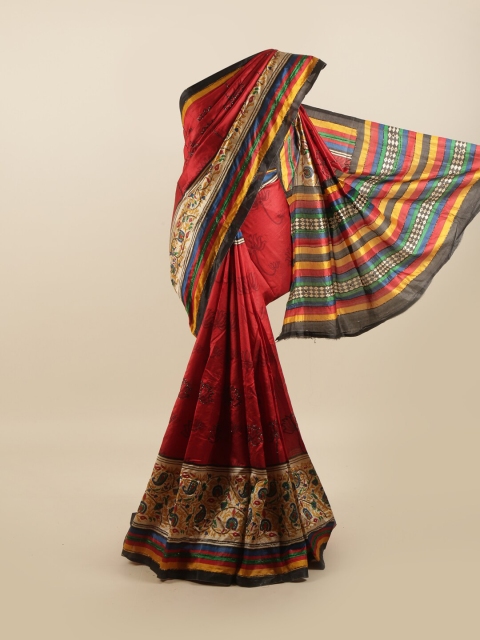 

Pothys Red & Blue Floral Beads and Stones Pure Silk Saree