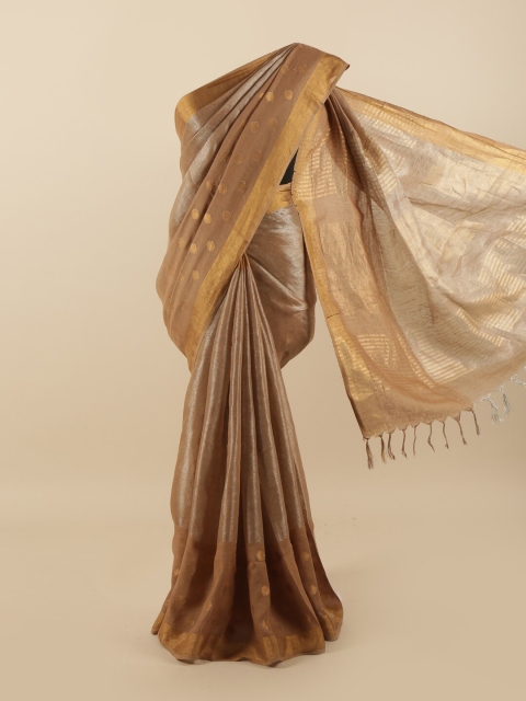 

Pothys Brown & Gold-Toned Woven Design Zari Linen Blend Saree