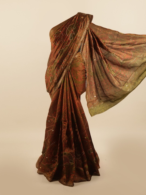 

Pothys Green & Rust Embellished Beads and Stones Pure Silk Heavy Work Saree