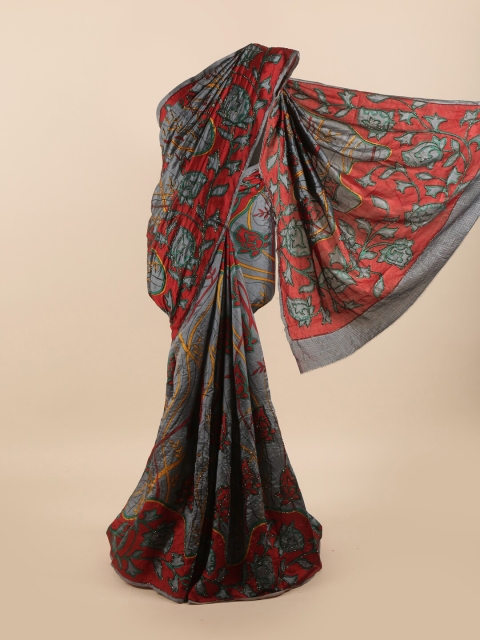

Pothys Grey & Red Floral Beads and Stones Pure Silk Saree