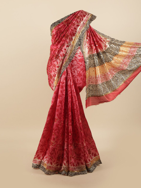 

Pothys Pink & Black Floral Beads and Stones Pure Silk Saree