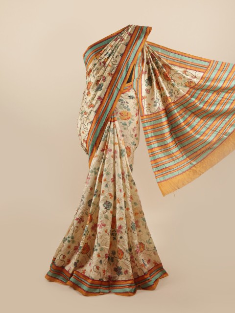 

Pothys Cream-Coloured & Sea Green Floral Beads and Stones Pure Silk Saree